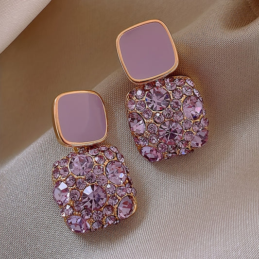 Luxurious square-shaped dangle earrings with rhinestone and alloy design for elegant banquet parties.