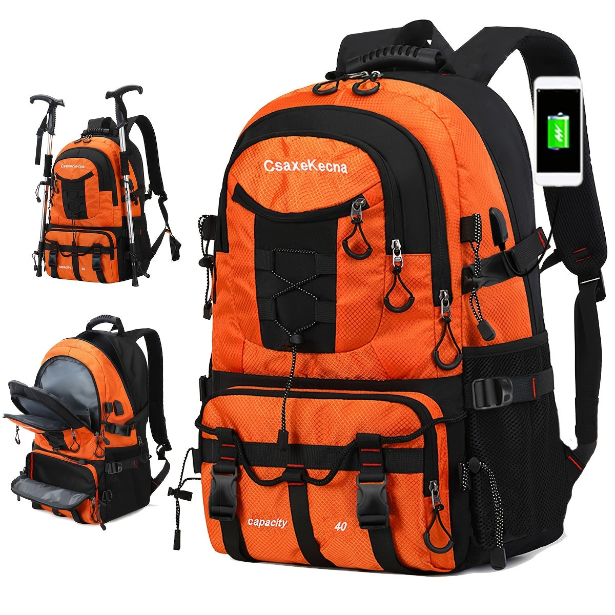 Durable polyester backpack with USB charging port, fits 17-inch laptop, ideal for hiking, camping, and travel.