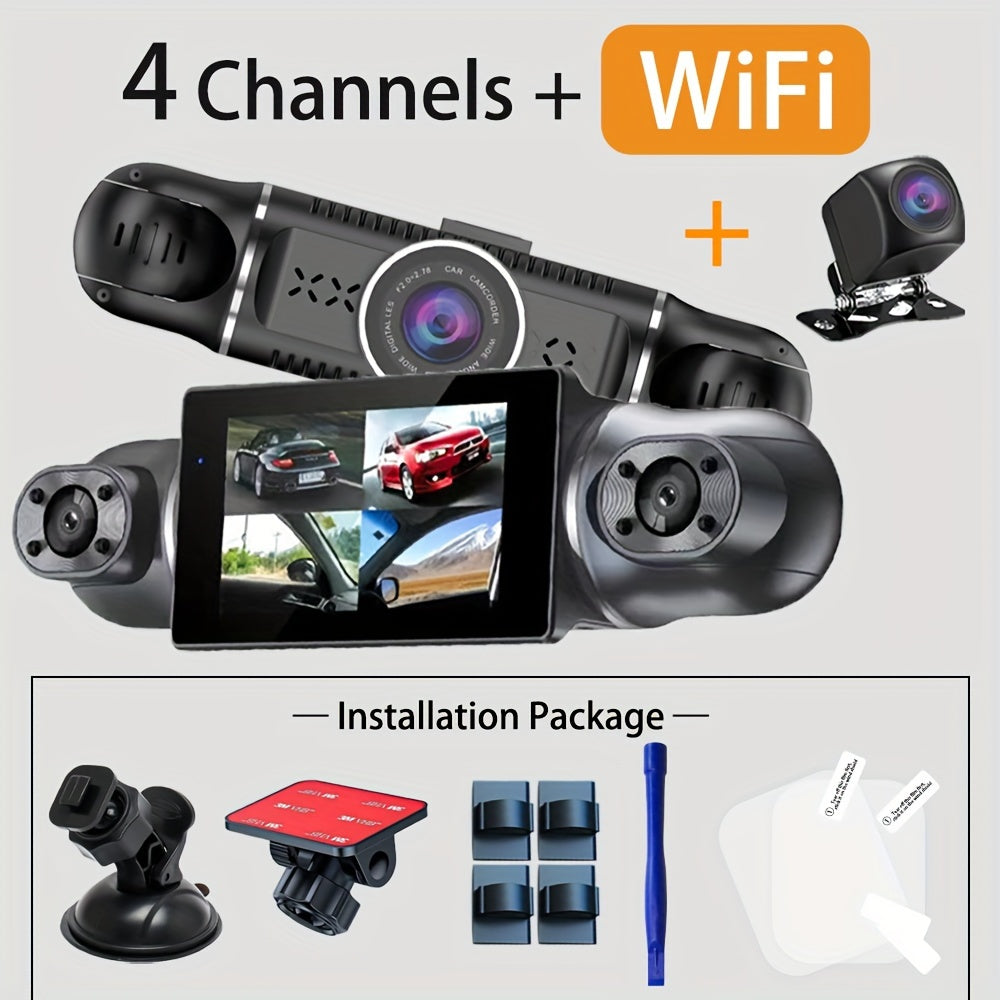 Four-channel front, rear, left, and right dash camera with 360° rotatable and built-in WiFi, loop recording, night vision, G-sensor, and WDR.