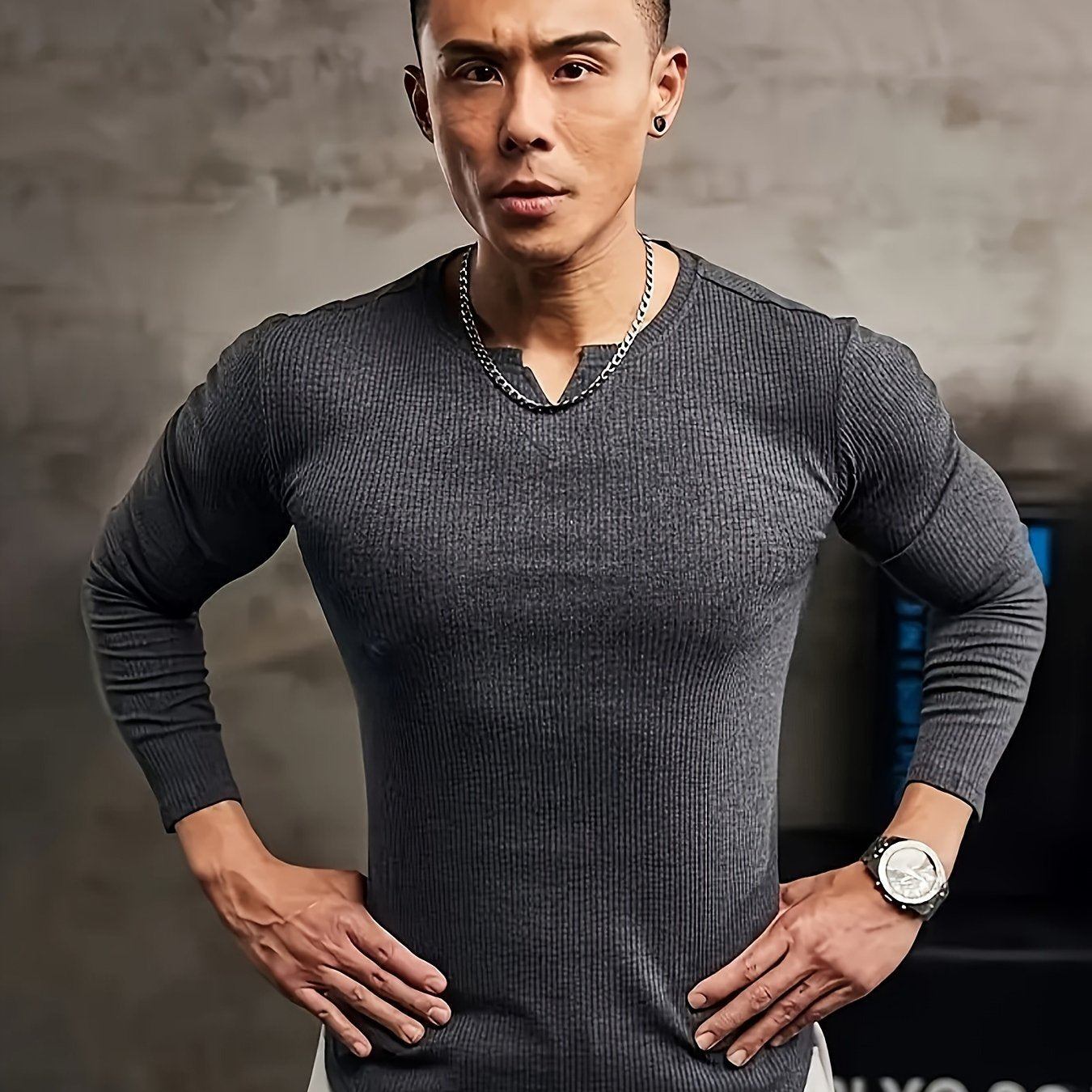 Men's solid color long sleeve V-neck t-shirt for comfortable and casual wear in spring and fall outdoor activities.