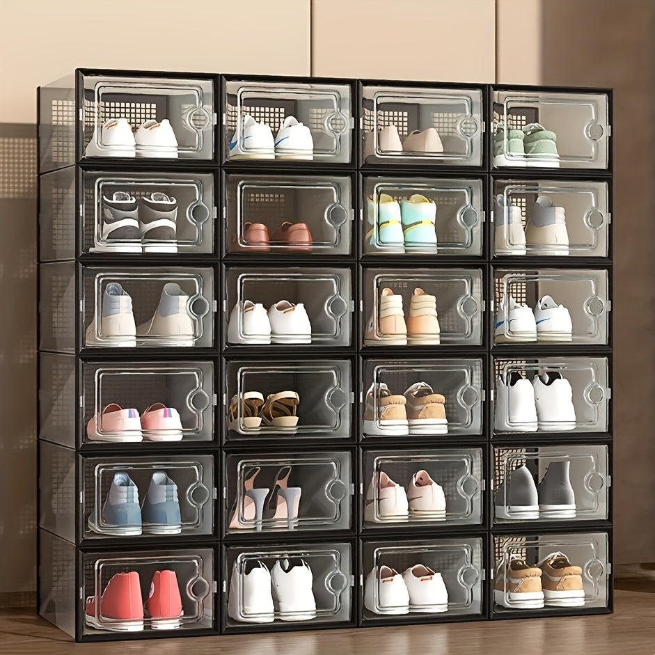 A range of multifunctional household furniture is available in sets of 4, 12, or 18 pieces. These stackable shoe rack storage boxes are waterproof and dustproof, making them perfect for sports shoes. The rectangular plastic shoe cabinets have snap