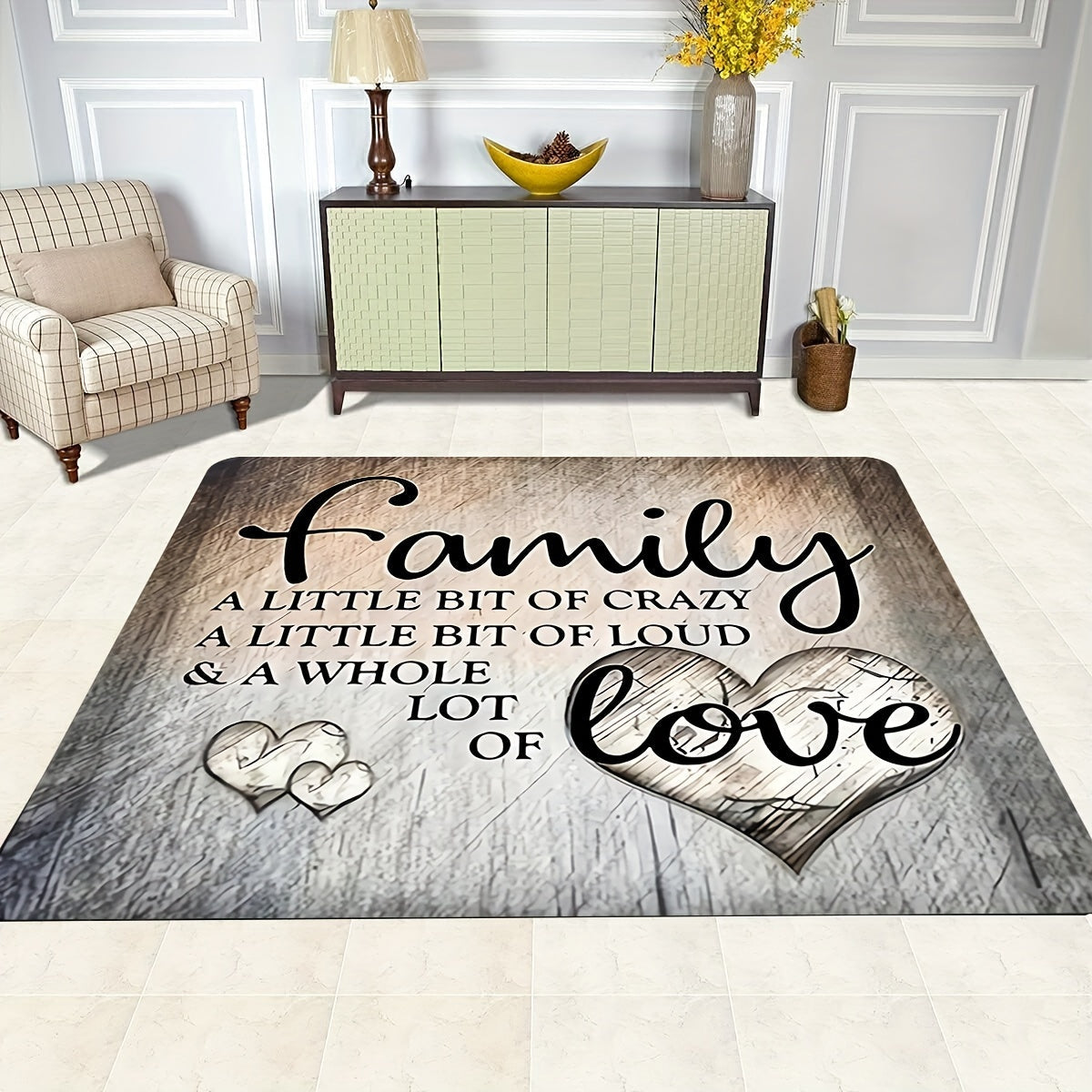 Handmade Polyester Doormat for Home - Non-Slip, Washable and Soft Decorative Mat with Family Quote. Durable Indoor Entrance Rug for Living Room and Kitchen - Featuring Black Wooden Design with Heart Patterns.