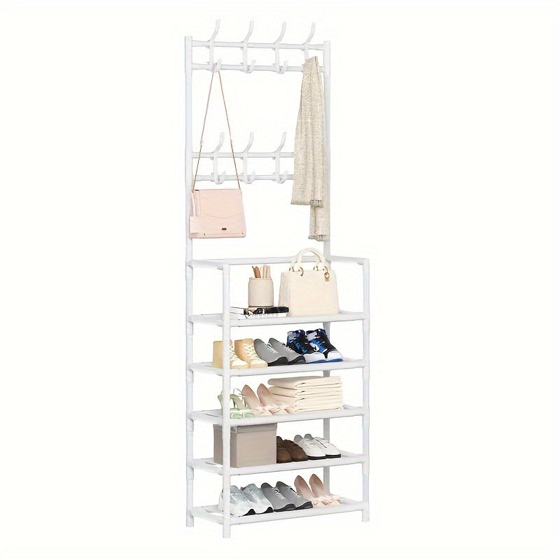 Durable 5-tier black metal shoe and hat rack with 8 hooks, ideal for entryway or living room. Easy assembly and versatile storage solution.