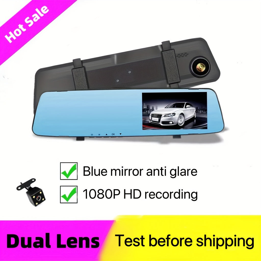 1080P HD Car Recorder with Dual Camera and Anti-Glare Blue Light Rearview Mirror - Easy Mount, USB/Battery Power, Night Vision for Urban Driving, Laptop and Car Compatible.