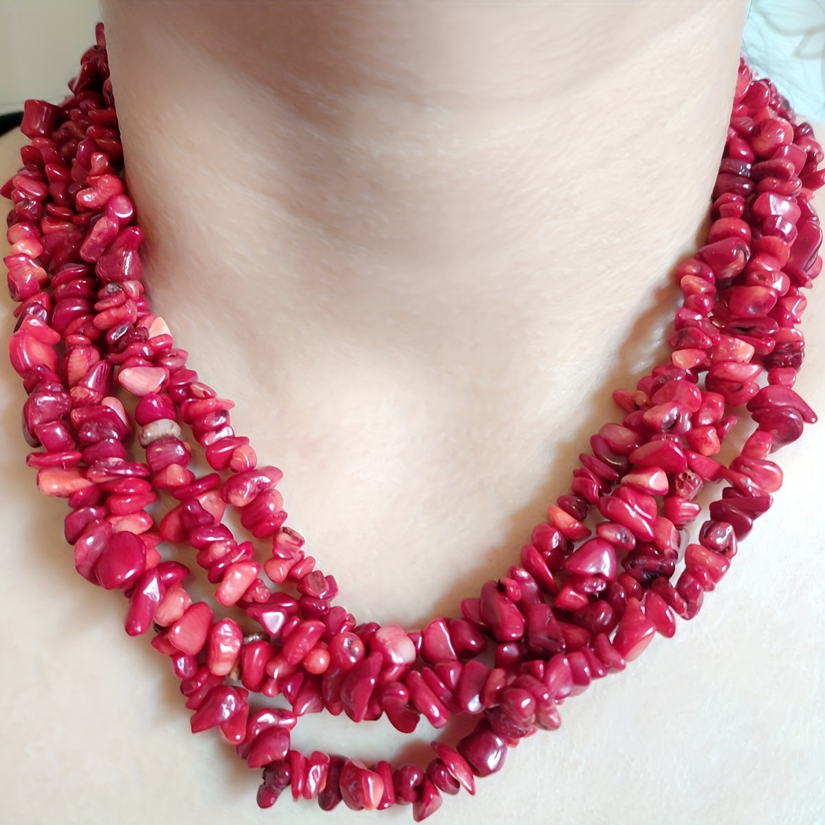 Exquisite Multi-Strand Necklace made of Natural Red Coral Chip Beads for Women - Perfect for Christmas Weddings and Parties, No Plating, High-End Jewelry