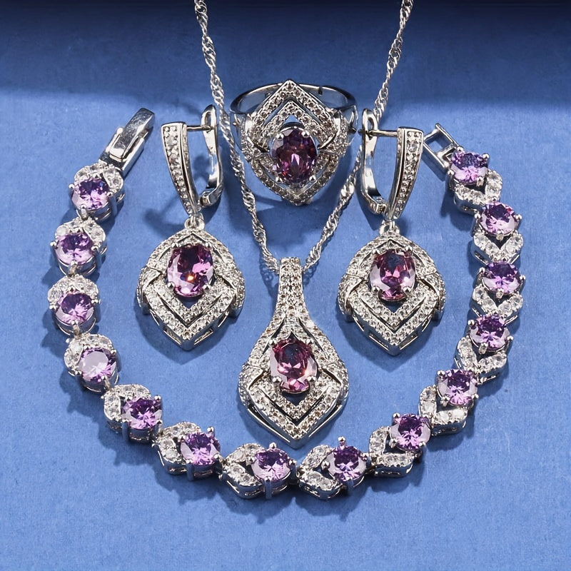 5-Piece Jewelry Set for Women featuring Synthetic Gemstones in Silver Plating - Includes Necklace, Earrings, Pendant, Ring, and Bracelet - Perfect for Weddings, Parties, or as a Halloween Accessory - Elegant and Classic Design with Copper Zirconia Mosaic.