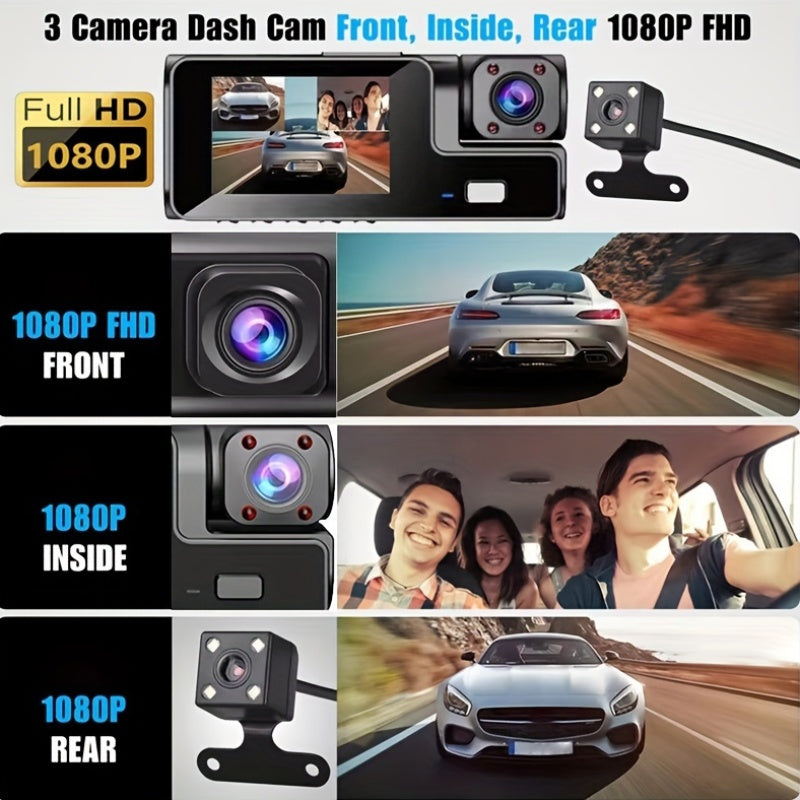 GYIOEUPT Triple Camera Front Lens with 1080P, built-in lens with 480P, and rear lens with 480P HD tachograph. Features include infrared night vision, cycle recording, 5.08 cm IPS screen