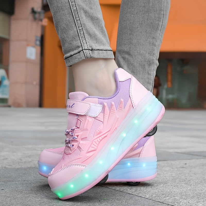 Stylish low top roller shoes with LED lights for girls, lightweight and breathable with anti-slip wheels for all seasons, suitable for indoor and outdoor use.