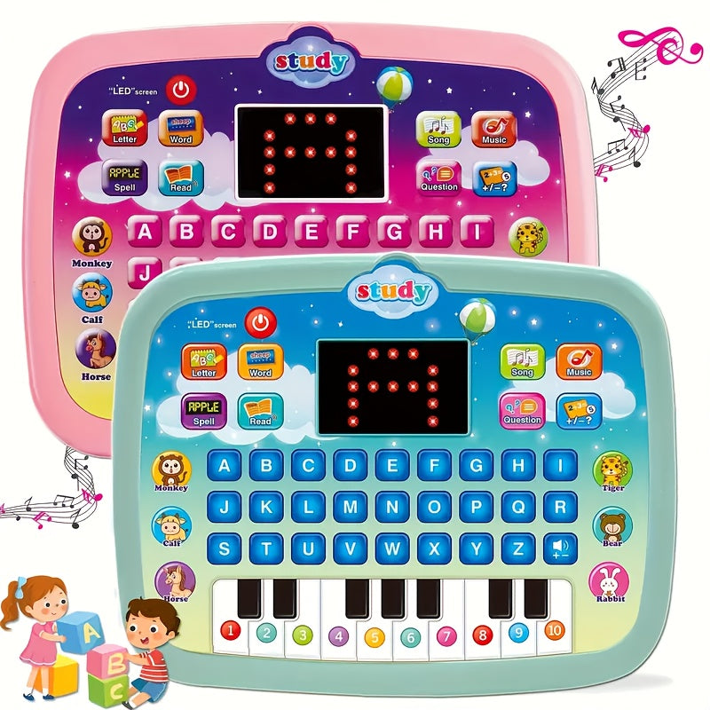 Interactive Tablet Learning Pad with LED Screen, designed to teach Alphabet, Numbers, Words, Music, and Math. This electronic toy promotes development and learning in a fun way. Perfect as a Halloween or Christmas gift. (Batteries not included)