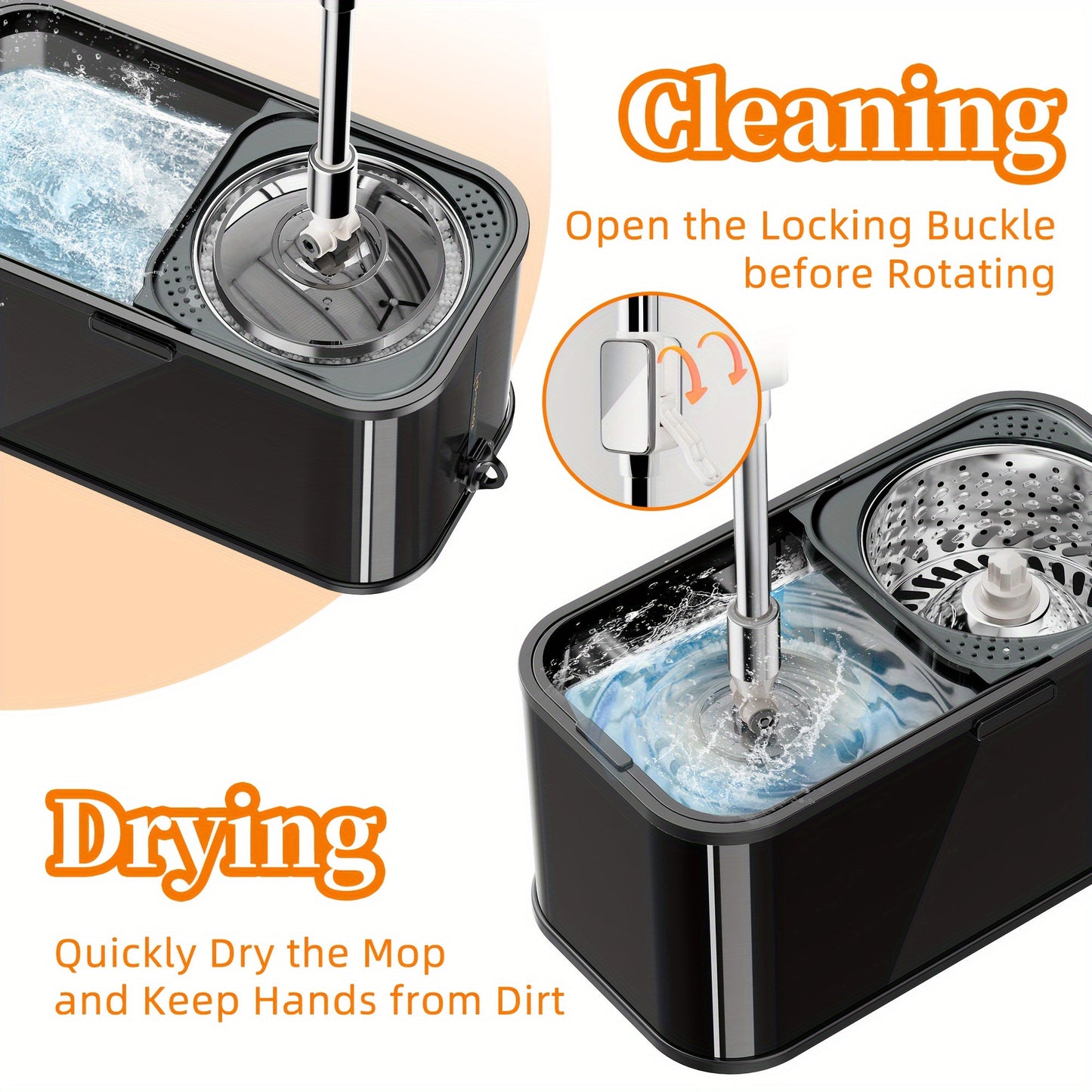 This set includes a stainless steel self-wringing mop with carrying handle, featuring a 360° rotating head and 2 microfiber pads. The manual center pivot cleaning system requires no electricity, making it perfect for home use in the living room, bedroom