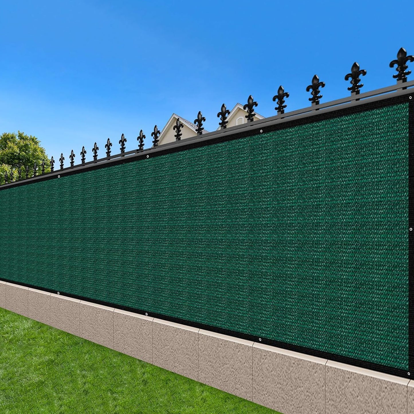 Durable polypropylene privacy screen with grommets for UV protection in indoor/outdoor use.