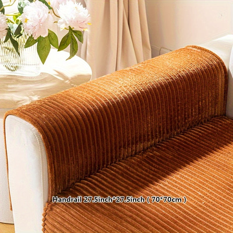 Thick plush sofa cover with stripes for winter, non-slip and anti-dirty. Modern style for home protection and decoration.