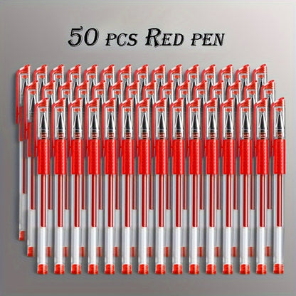 50-pack gel and ballpoint pen set with fine 0.5mm point in assorted black, blue, and red ink. Ideal for students, school, and office use with comfort grip. Suitable for ages 14 and above.