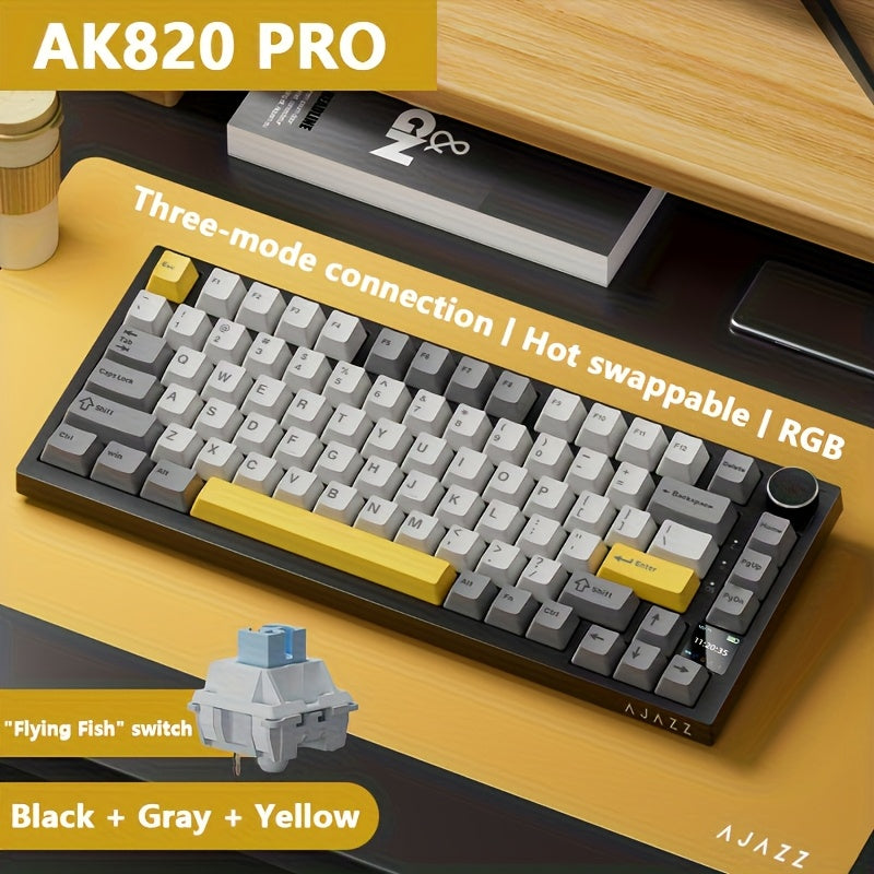 AK820PRO is a 75% mechanical keyboard with TFT display, RGB LED, wireless/2.4G/wired connectivity, knob control, and 4000mAh battery. Available in black, gray, and yellow, it is