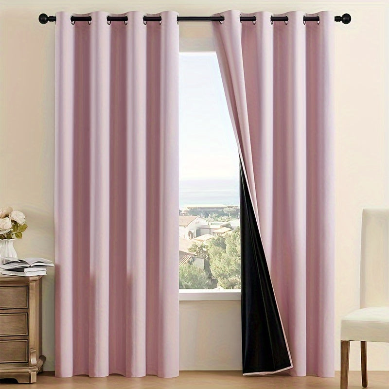 Two 100% Blackout Curtain Panels suitable for Living Room, Bedroom, Balcony, or Bathroom. These curtains feature a modern style with Grommet Top design, are water-resistant, and made of Fashion Blackout Drapes. They are made of All-season Polyester Woven