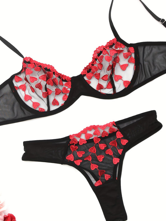 Embroidered two-piece sexy lingerie set for women.