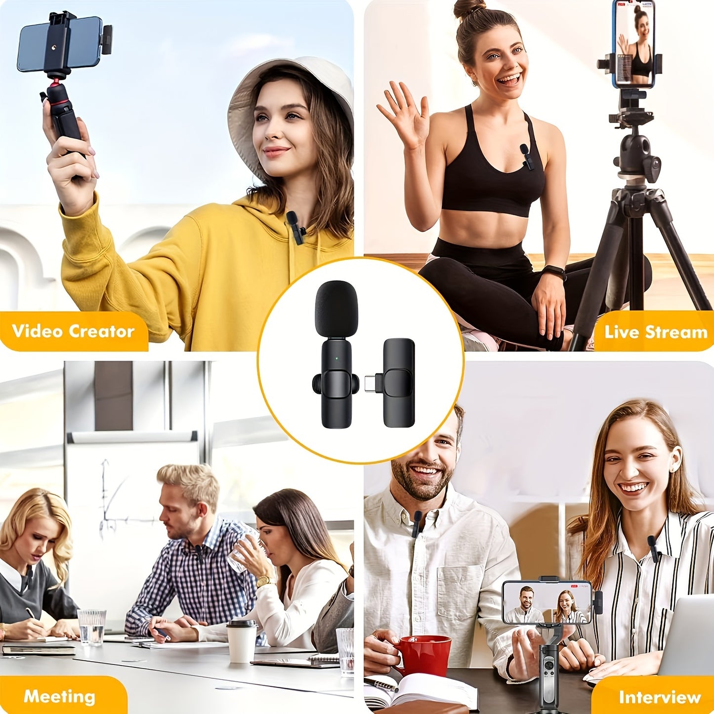 Professional wireless microphone with noise cancelling for Vlog video recording and live streaming.