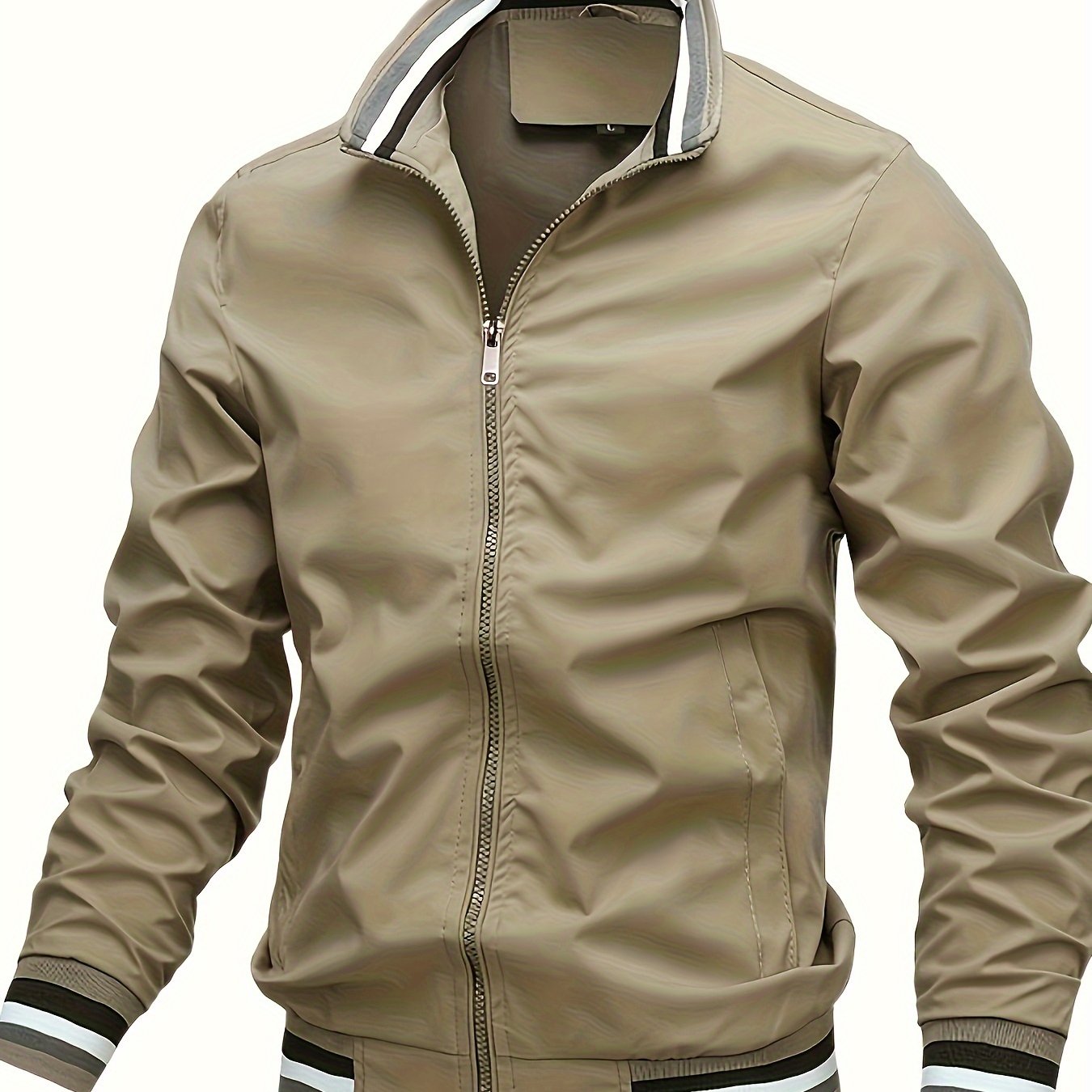 Men's lightweight bomber jacket with stand collar, zipper placket, and long sleeves. Made of 100% polyester for hiking and casual wear.