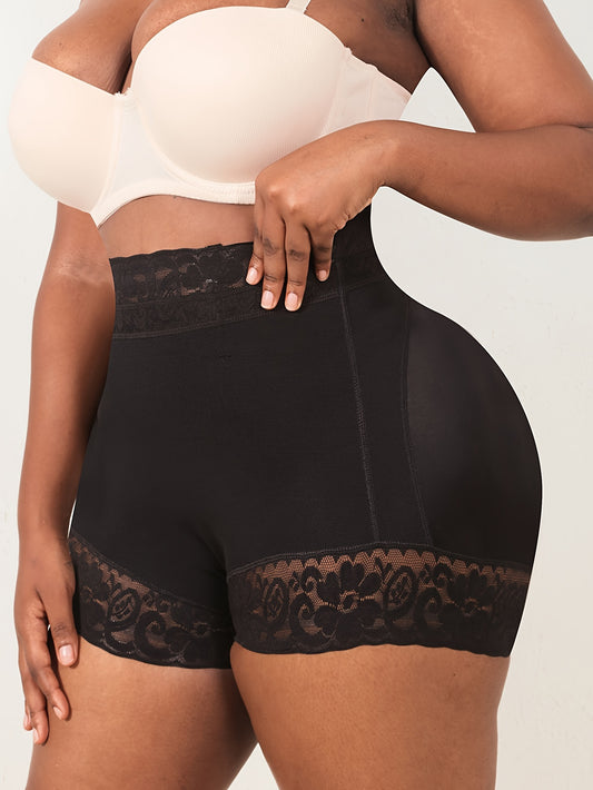 High waist shapewear shorts for plus-size women with lace trim, providing tummy control, butt lifting, and a comfortable fit.