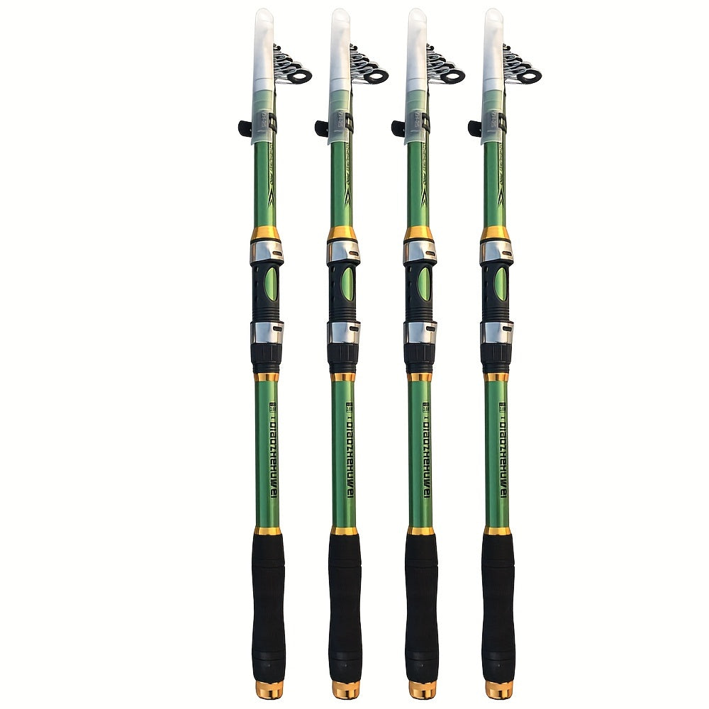 Telescopic fishing rod made of carbon fiber and FRP, 30-70cm extendable with green and black design. Features comfort foam handle and durable ceramic and stainless steel reel seat. Ideal