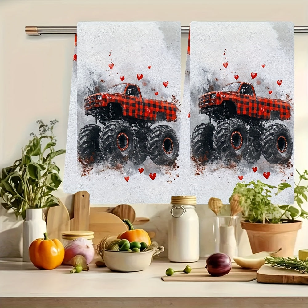 Get your hands on a pair of plush kitchen towels showcasing a Valentine's Day monster truck design in festive red plaid with adorable heart accents. These ultra-soft towels are great for drying dishes and hands, and make a charming addition to your