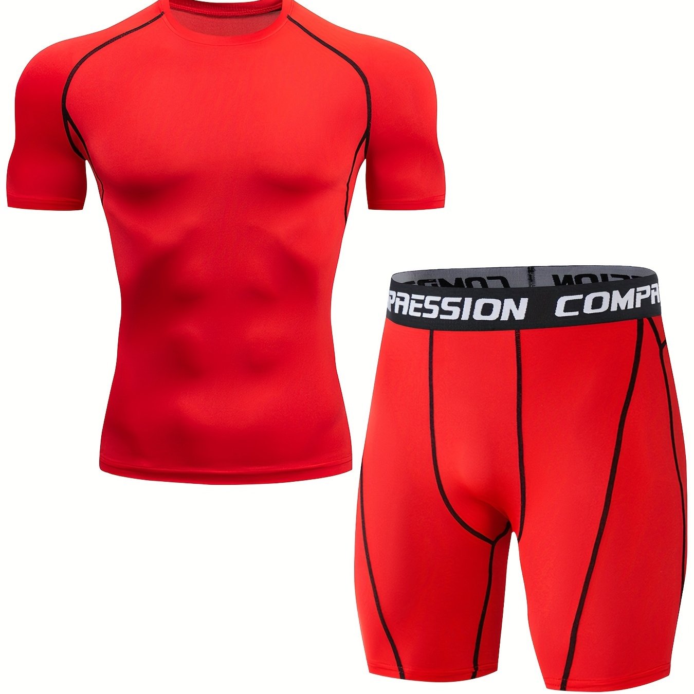 Men's sports running set includes skin-tight quick dry short sleeve compression shirt and shorts for gym and yoga.