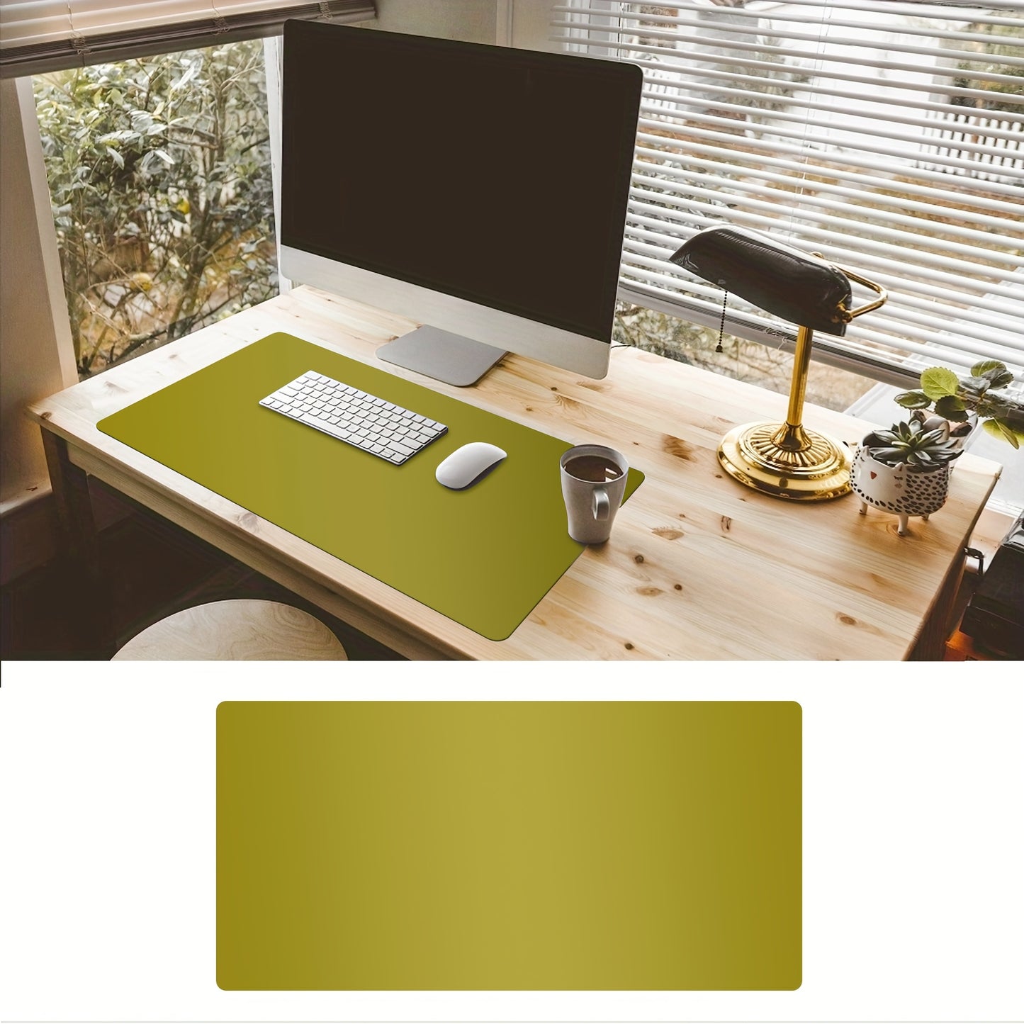 Non-slip PU leather desk pad for office and home use. Water and oil resistant, suitable for writing and using laptop and mouse. Available in two sizes.