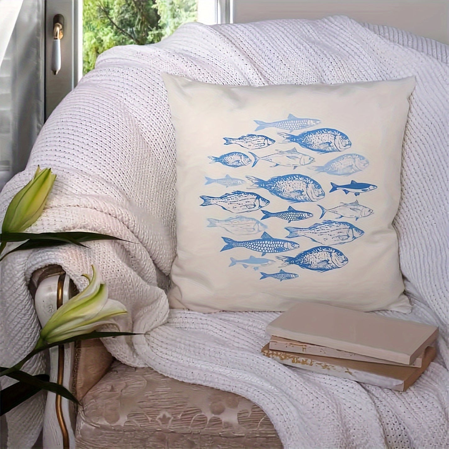 Linen Pillowcase with Chic Blue Fish Sketch Design - Single-Sided Print, Zip Closure, Easy to Clean - Ideal for Decorating Sofas and Beds