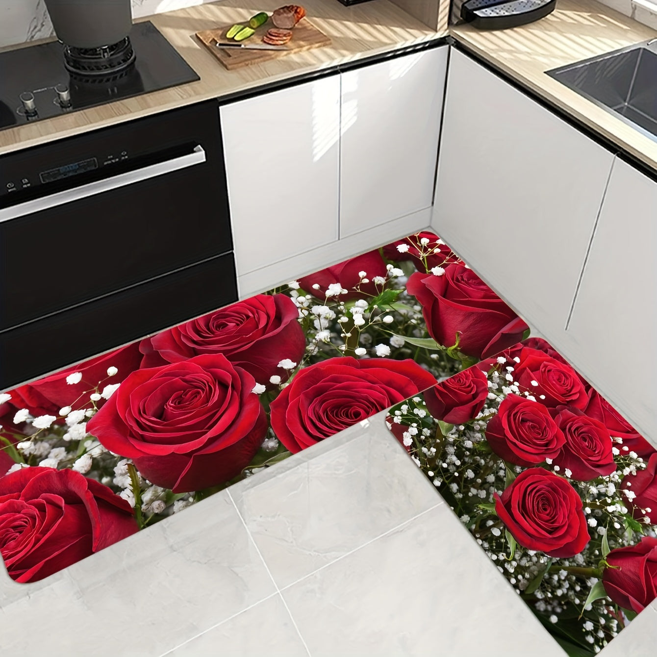 Soft premium rose flower kitchen mat made of anti-fatigue polyester, suitable for entryway, bedroom, living room, and more. Easy to clean as it is machine washable, perfect for home decor, balcony door carpet, and sink area.