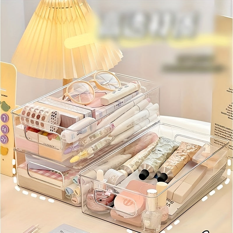 Portable desktop storage box made of acrylic for cosmetics, stationary, toiletries, medicines, and household items. Can be used as a multi-functional storage organizer or makeup organizer.