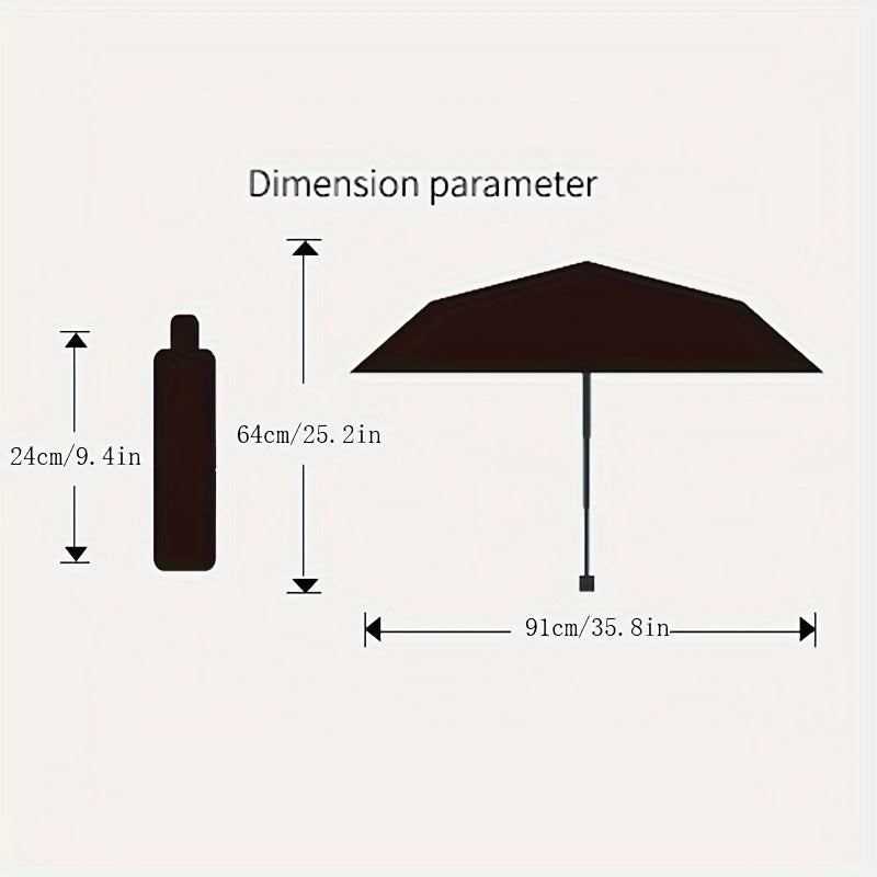 8-rib windproof sun umbrella with iron frame, thickened 190T Pongee fabric, manual foldable, basic style, UV protection, black with plastic handle.