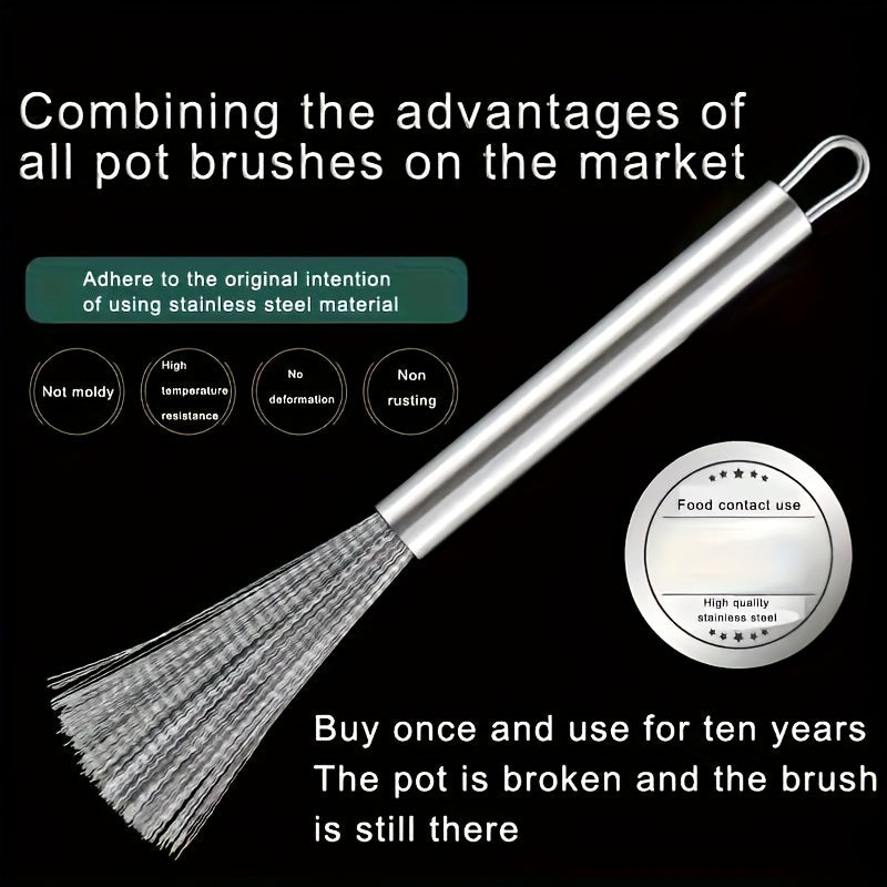 A stainless steel kitchen brush with a long handle and multiple functions, designed for cleaning pots and pans.