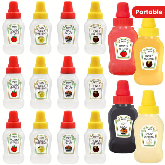 12 mini sauce bottles for office lunchbox, picnic, or kitchen use. Great for storing condiments like ketchup, soy sauce, honey, salad dressing, and spices.