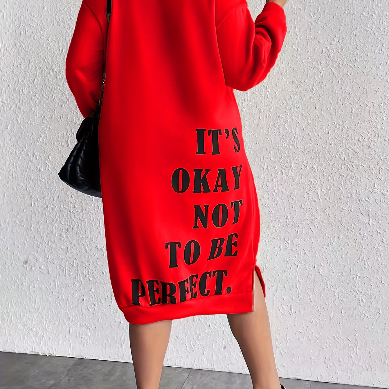 Plus Size Women's Slogan Print Casual Sweatshirt Dress with Long Sleeves and Side Split