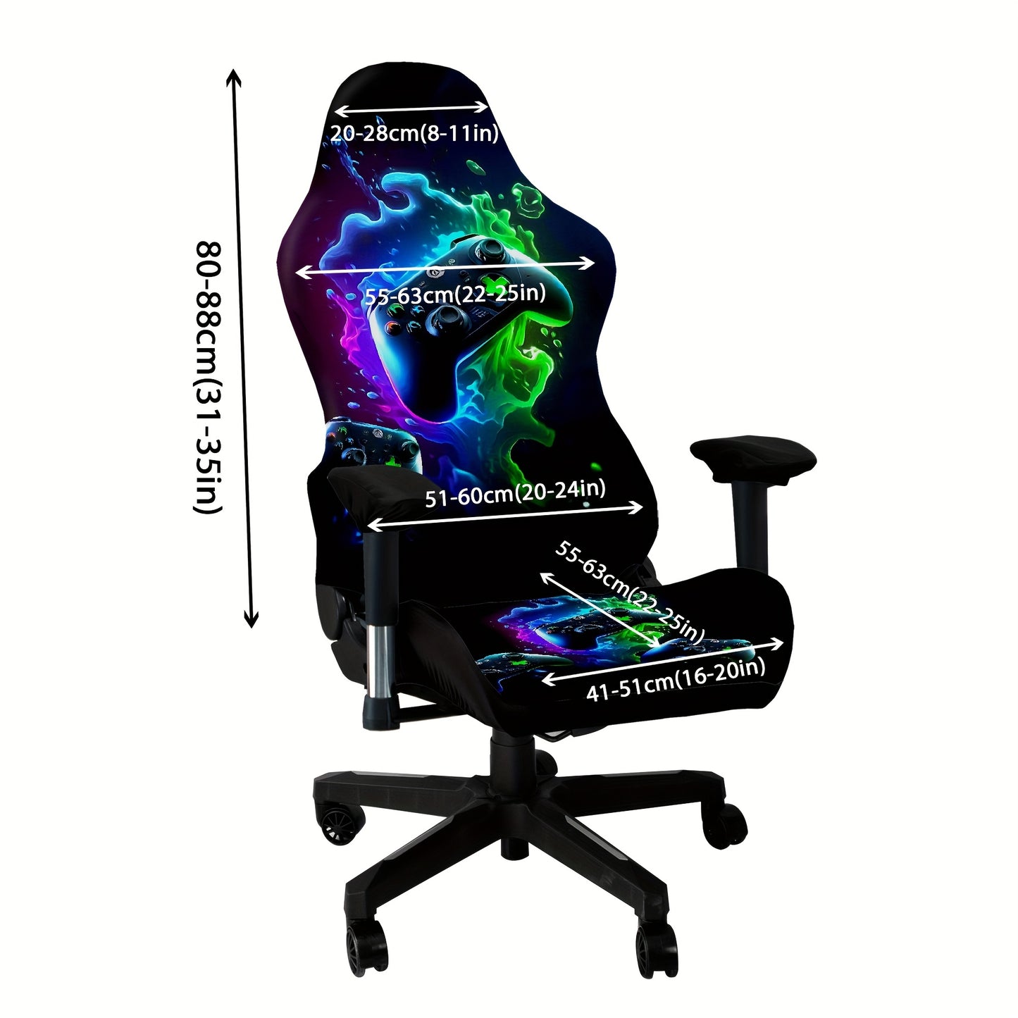 Modern gaming chair cover with high elasticity and unique digital print, made from a blend of polyester and spandex fabric. Washable and suitable for home and office decor.