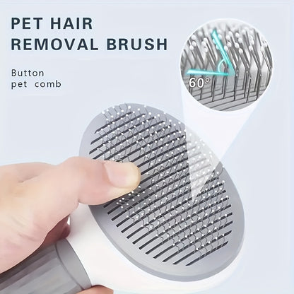 Pet hair removal brush with stainless steel bristles and one-click detangling comb for dogs and cats. Made of durable ABS material.