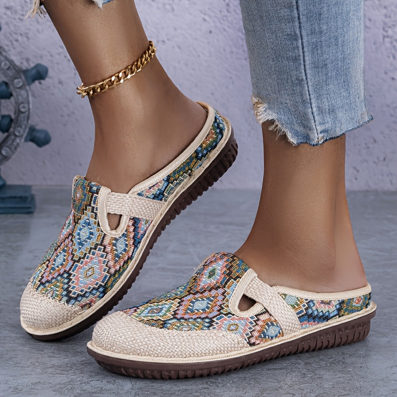 Stylish geometric print mules with embroidered details, closed toe, and non-slip sole for comfortable daily wear.