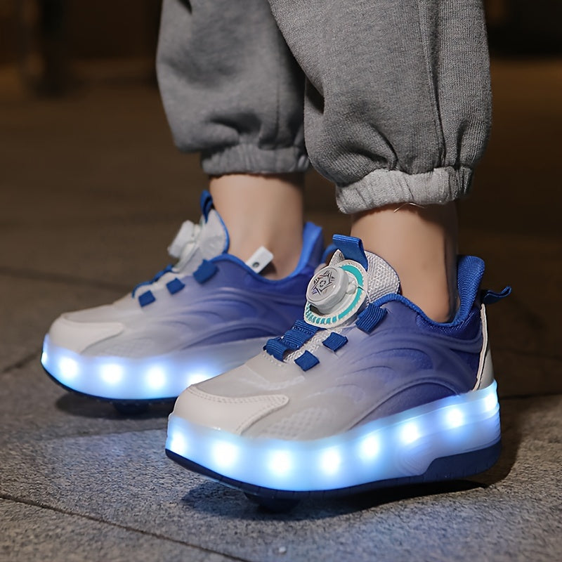 LED roller skates with TPR sole, fabric inner, EVA insole, rotary buckle closure, and lithium polymer battery. Suitable for ages 14+, can be used indoors or outdoors for sports training all