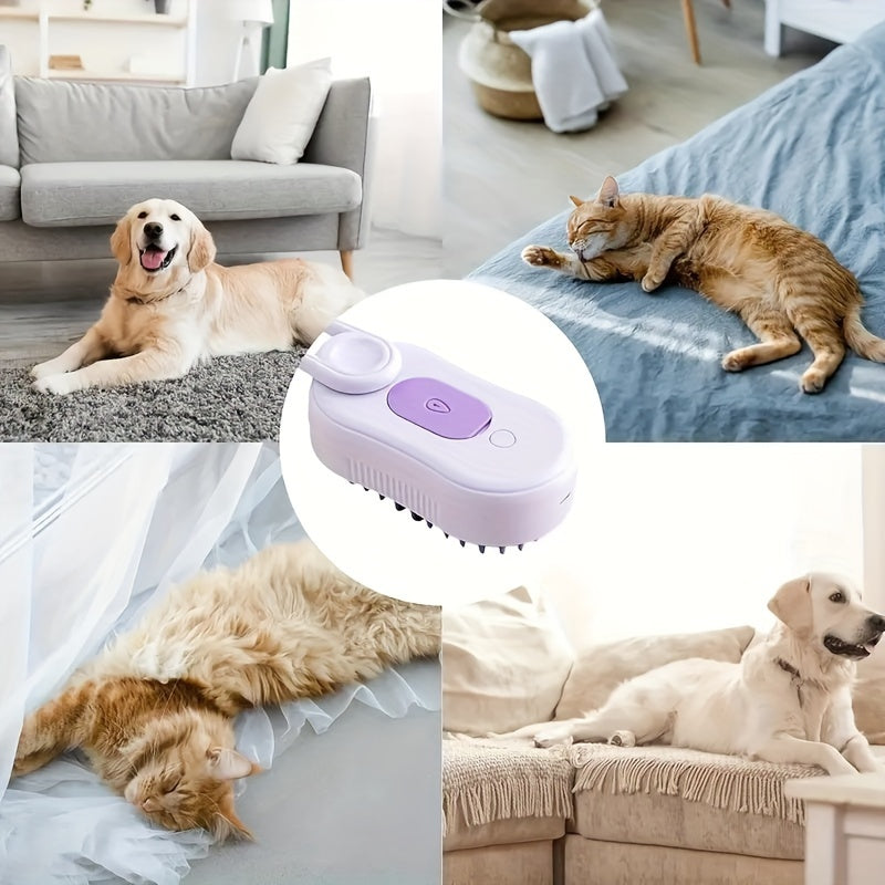 3-in-1 USB rechargeable steam pet brush for grooming with silicone bristles, suitable for long and short hair.