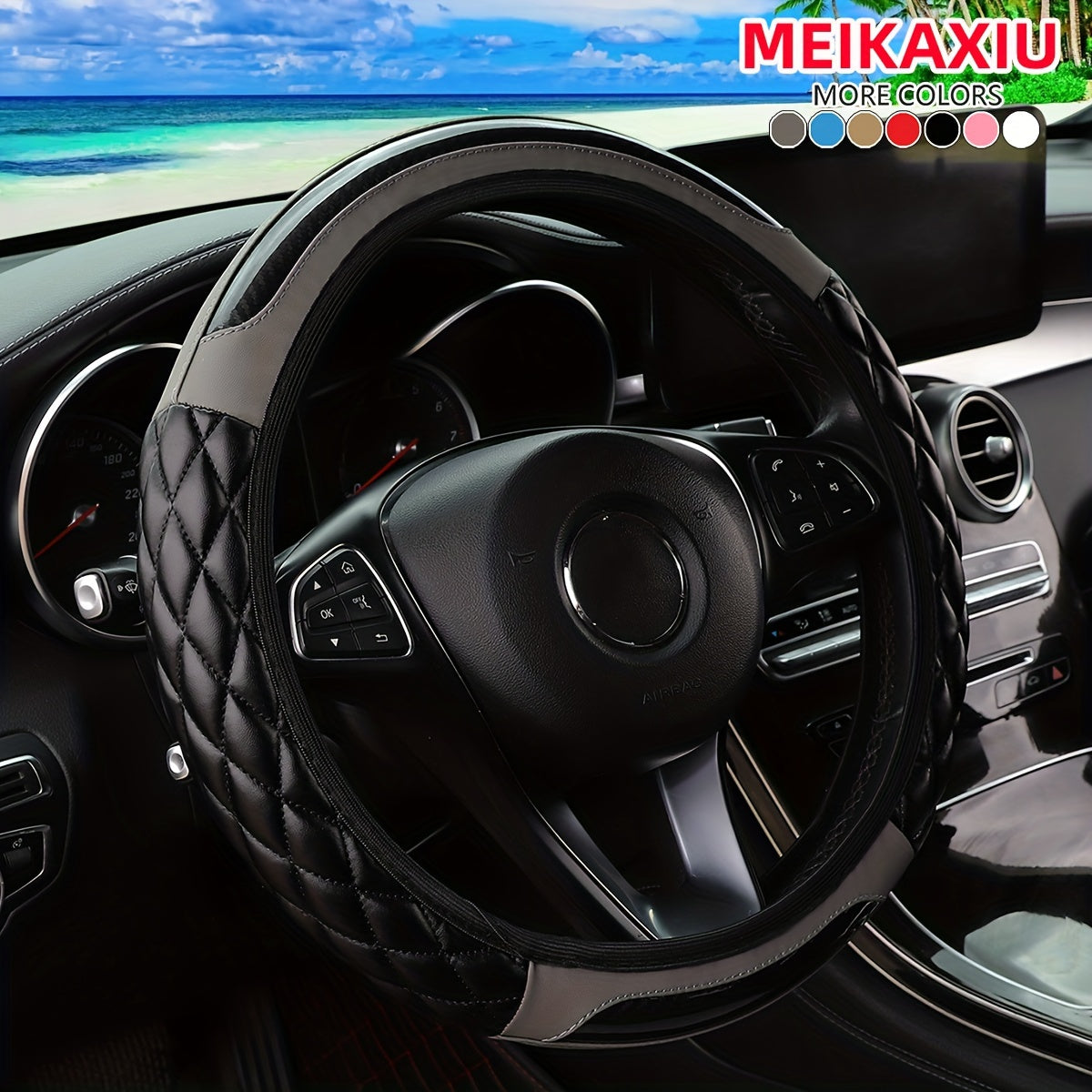 MEIKAXIU 3D Embroidered Crystal Carbon Fiber Faux Leather Steering Wheel Cover, Universal Fit for 36.83-38.1 cm, Available in 5 colors.