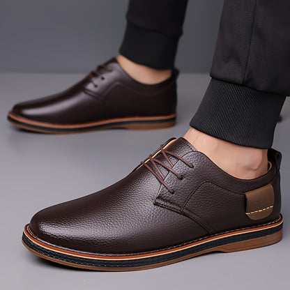 Men's fashion street style dress shoes with solid color microfiber synthetic upper, round toe, rubber sole, lining & insole, low top lace-up for daily & casual wear in spring/fall season.