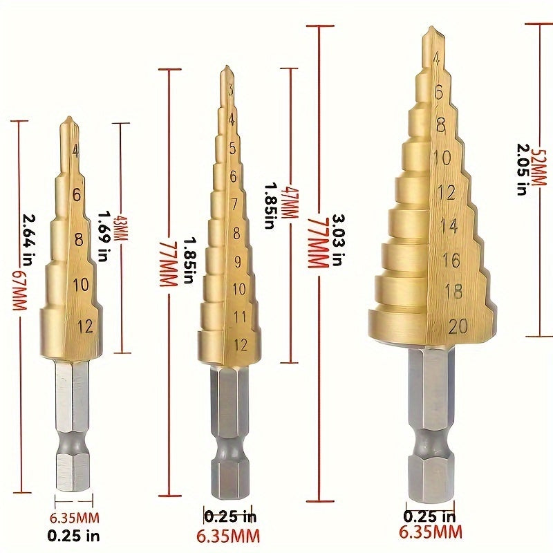 HSS Step Drill Bits with Titanium Coating, Ideal for Precision Drilling in Wood and Metal.