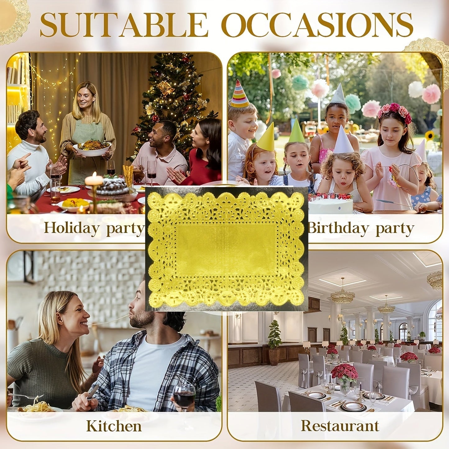 Pack of 100 Rectangle Golden Paper Doilies Placemats, Lace Paper Doilies Pad, Disposable Paper Doilies Placemats - Perfect for Desserts, Fried Foods, Cakes, Crafts, Wedding Parties, and Cake Packaging on Table Decorations