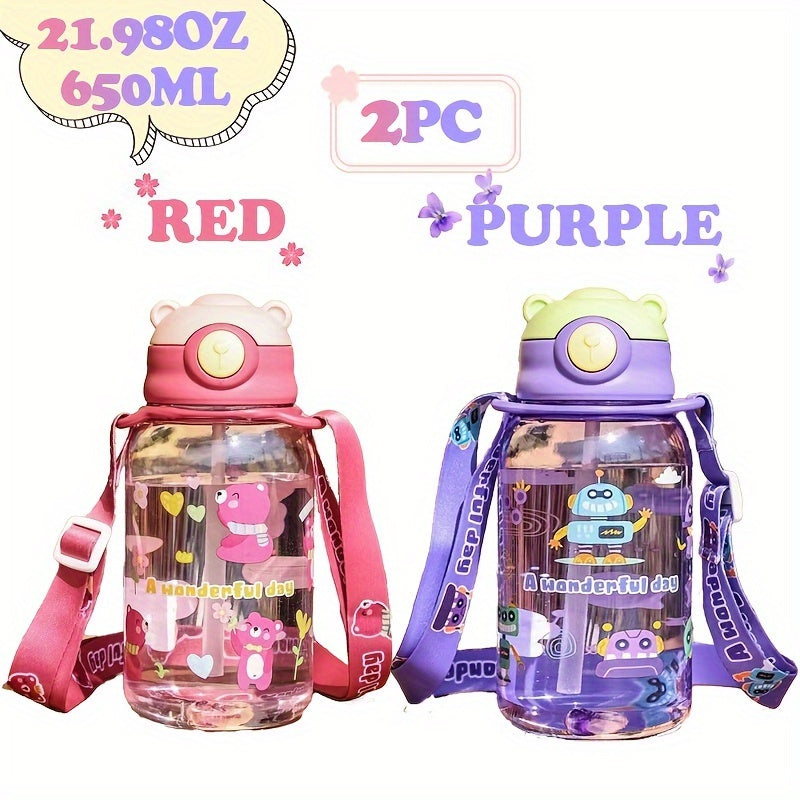 2-Pack of 20.98OZ Bear Water Bottles with Straw & Strap - Hand washable, BPS free, ideal for school, travel, sports, holidays and celebrations.