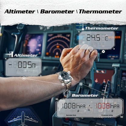 High-end sports digital watch for men with stainless steel casing and features including 50m water resistance, altimeter, barometer, compass, luminous display, date and time zone settings.