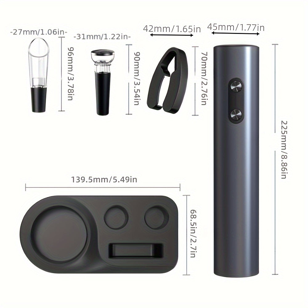 Introducing the XuanGui 5-in-1 Electric Wine Opener Set, the ideal gift for wine enthusiasts. This set includes an automatic bottle opener, foil cutter, freshness preserver, pourer, and storage base. With this convenient set, you can enjoy your favorite