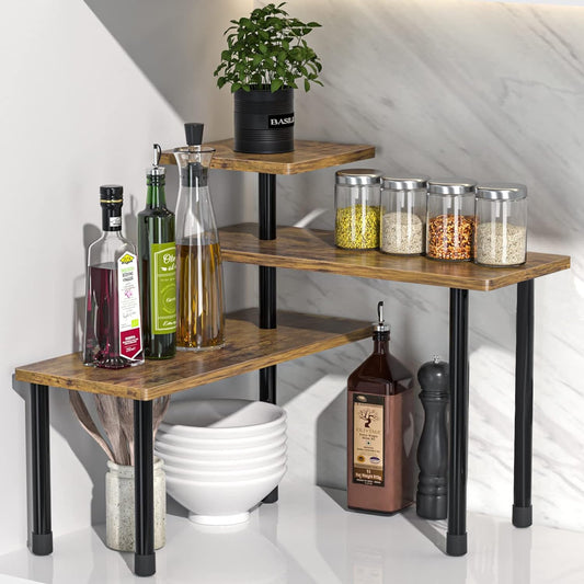 Maximize Space with our 3-Tier Wood Corner Shelf featuring a Black Metal Frame - Versatile Rotatable Storage for Kitchen, Bathroom & Green Plants, Ideal for Spices, Oils, Cookware, Cosmetics & More!