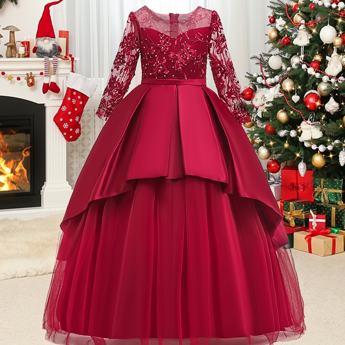 Stylish long sleeve tulle wedding dress with crew neck, polyester viscose fabric, and bow detail. All-season fit and flare costume for a princess-like look.