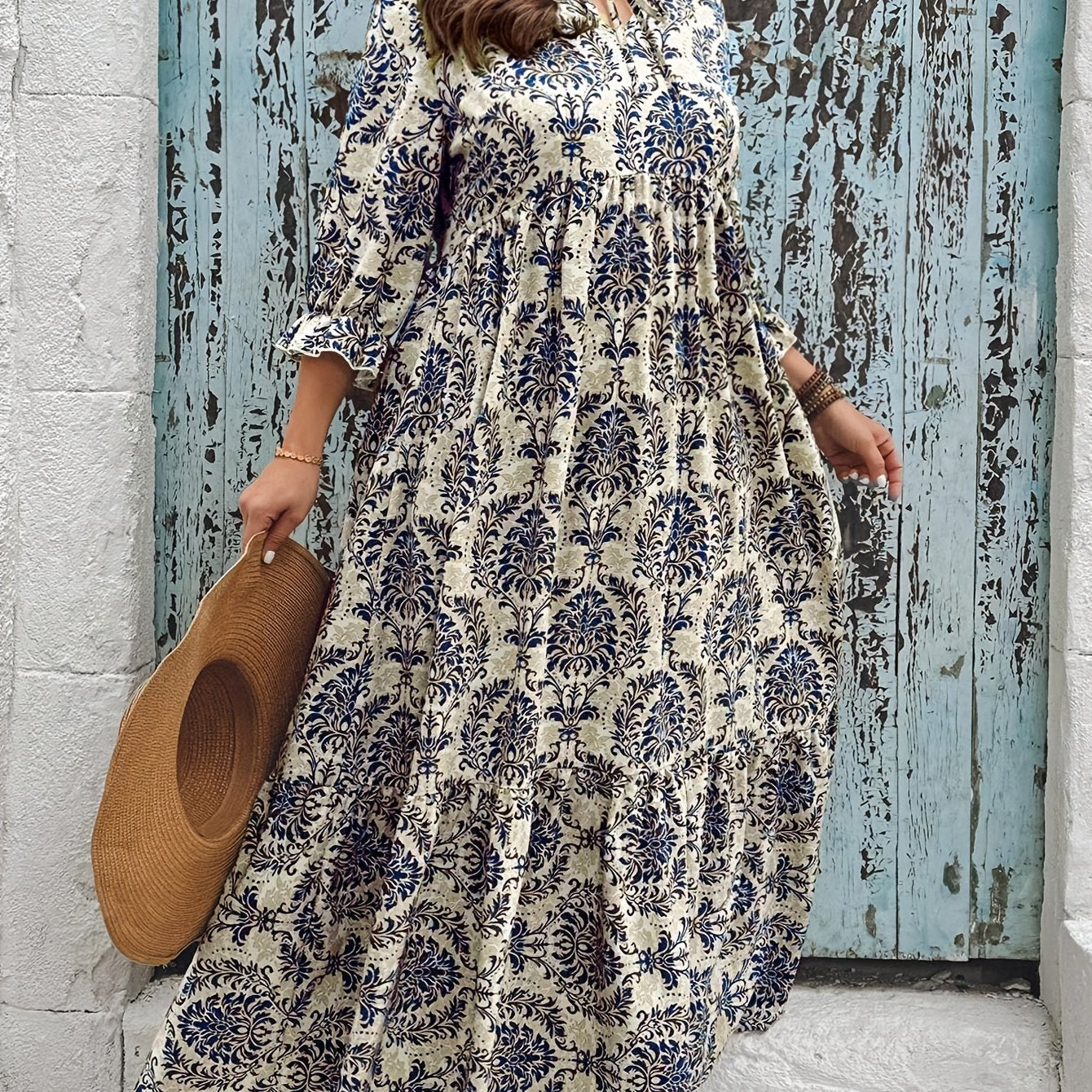 Ethnic Print Loose Longline Dress with Tie Neck for Plus Size Women in Spring & Fall