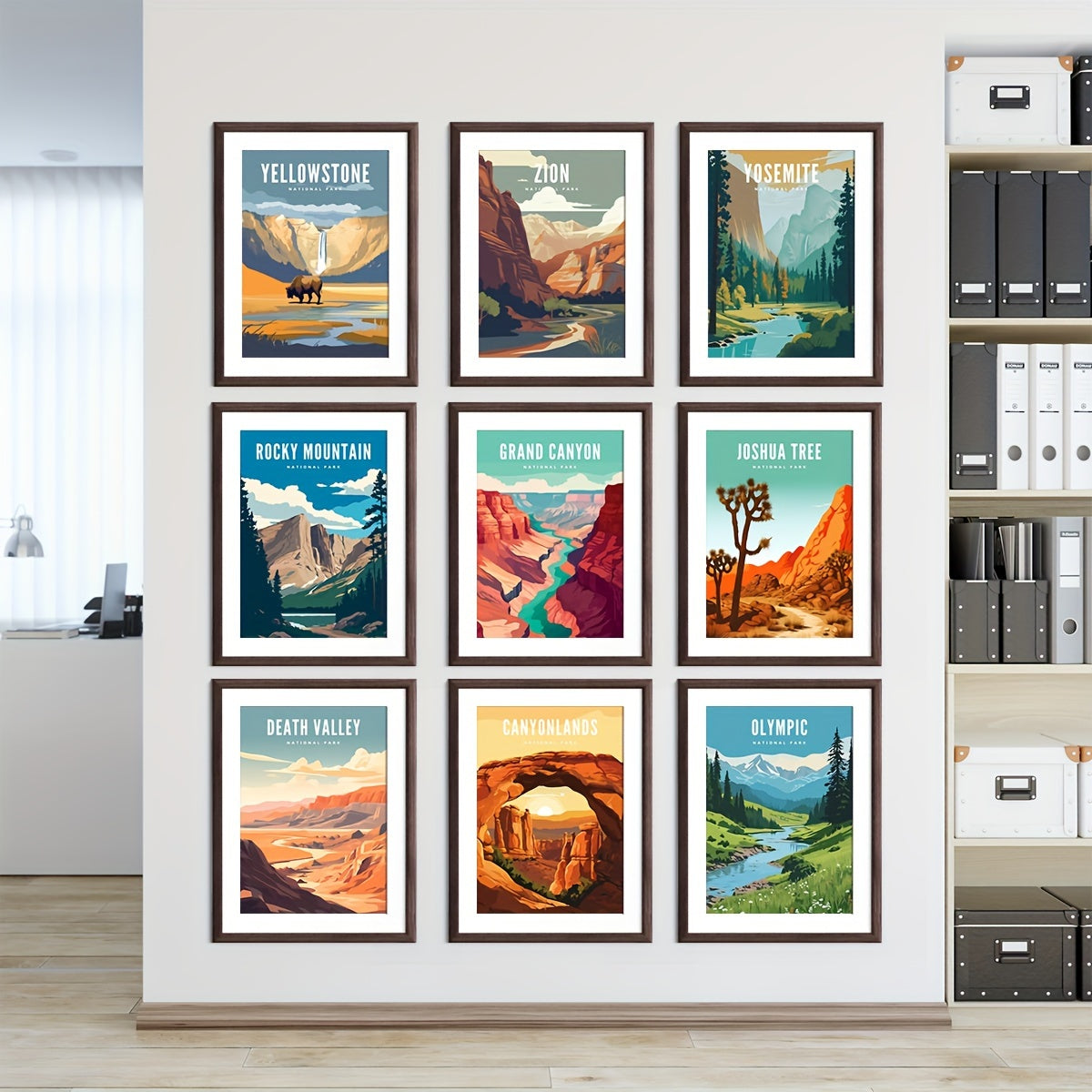 Set of 9 Large Size Modern Art Design Illustration Style Posters featuring Famous National Parks Landscapes. Frames not included. Perfect Gifts for Room Decor, Living Room, and Bedroom. Available in A3, A4, and A5 sizes.